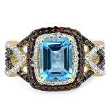 3.75 Carat (ctw) 10K Yellow Gold Emerald Blue Topaz & Round Champagne & White Diamond Ladies Split Shank Halo Engagement Ring
