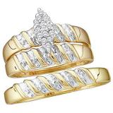 0.08 Carat (ctw) 10K Yellow Gold Round White Diamond Men's & Women's Cluster Engagement Ring Trio Bridal Set