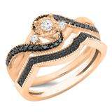 0.45 Carat (ctw) 14K Rose Gold Round Black & White Diamond Ladies Bridal Twisted Swirl 3 Stone Engagement Ring Set 1/2 CT