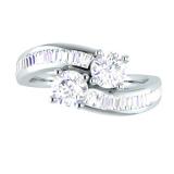 1.00 Carat (ctw) 14K White Gold Round & Baguette White Diamond Ladies Two Stone Bypass Style Bridal Engagement Ring 1 CT