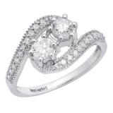 0.90 Carat (ctw) 14K White Gold Round White Diamond Ladies Milgrain Two Stone Bypass Style Bridal Engagement Ring