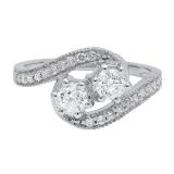 0.90 Carat (ctw) 14K White Gold Round White Diamond Ladies Milgrain Two Stone Bypass Style Bridal Engagement Ring