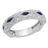 0.80 Carat (ctw) 10K White Gold Marquise Blue Sapphire & Round White Diamond Ladies Vintage Style Milgrain Stackable Wedding Band 3/4 CT