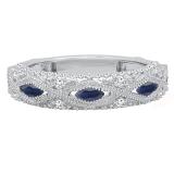 0.80 Carat (ctw) 10K White Gold Marquise Blue Sapphire & Round White Diamond Ladies Vintage Style Milgrain Stackable Wedding Band 3/4 CT