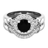 1.10 Carat (ctw) 14K White Gold Round Black & White Diamond Ladies Milgrain Bridal Halo Engagement Ring With Matching Band Set 1 CT