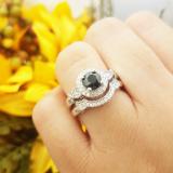 1.10 Carat (ctw) 14K White Gold Round Black & White Diamond Ladies Milgrain Bridal Halo Engagement Ring With Matching Band Set 1 CT