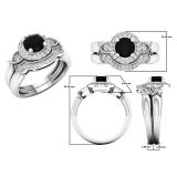 1.10 Carat (ctw) 14K White Gold Round Black & White Diamond Ladies Milgrain Bridal Halo Engagement Ring With Matching Band Set 1 CT