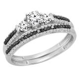 0.90 Carat (ctw) 10K White Gold Round White Sapphire Black & White Diamond Ladies 3 Stone Bridal Engagement Ring Set
