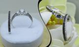 0.90 Carat (ctw) 10K White Gold Round White Sapphire Black & White Diamond Ladies 3 Stone Bridal Engagement Ring Set
