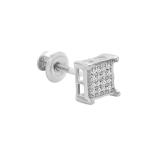 Round White Diamond V Prong Square Hip Hop Iced Unisex 1Pc Stud Earring (0.03 ctw, Color I-J, Clarity I2-I3) in 925 Sterling Silver in Screw Back