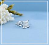 Round White Diamond V Prong Square Hip Hop Iced Unisex 1Pc Stud Earring (0.03 ctw, Color I-J, Clarity I2-I3) in 925 Sterling Silver in Screw Back
