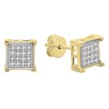 0.06 Carat (ctw) Yellow Plated Sterling Silver White Diamond V Prong Square Unisex Hip Hop Iced Push Back Stud Earrings
