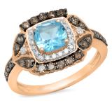 1.75 Carat (ctw) 10K Rose Gold Cushion Cut Blue Topaz & Round Cut Champagne & White Diamond Ladies Halo Style Bridal Engagement Ring