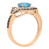 1.75 Carat (ctw) 10K Rose Gold Cushion Cut Blue Topaz & Round Cut Champagne & White Diamond Ladies Halo Style Bridal Engagement Ring