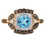 1.75 Carat (ctw) 10K Rose Gold Cushion Cut Blue Topaz & Round Cut Champagne & White Diamond Ladies Halo Style Bridal Engagement Ring