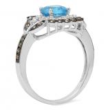 1.75 Carat (ctw) 10K White Gold Cushion Cut Blue Topaz & Round Cut Champagne & White Diamond Ladies Halo Style Bridal Engagement Ring
