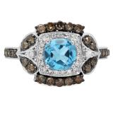 1.75 Carat (ctw) 10K White Gold Cushion Cut Blue Topaz & Round Cut Champagne & White Diamond Ladies Halo Style Bridal Engagement Ring