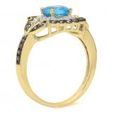 1.75 Carat (ctw) 10K Yellow Gold Cushion Cut Blue Topaz & Round Cut Champagne & White Diamond Ladies Halo Style Bridal Engagement Ring