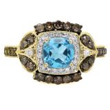 1.75 Carat (ctw) 10K Yellow Gold Cushion Cut Blue Topaz & Round Cut Champagne & White Diamond Ladies Halo Style Bridal Engagement Ring