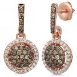 1.15 Carat (ctw) 14K Rose Gold Round Cut Champagne & White Diamond Ladies Cluster Style Dangling Drop Earrings