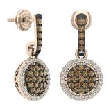 1.15 Carat (ctw) 14K Rose Gold Round Cut Champagne & White Diamond Ladies Cluster Style Dangling Drop Earrings