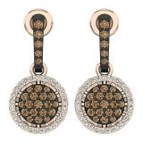 1.15 Carat (ctw) 14K Rose Gold Round Cut Champagne & White Diamond Ladies Cluster Style Dangling Drop Earrings