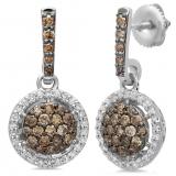 1.15 Carat (ctw) 14K White Gold Round Cut Champagne & White Diamond Ladies Cluster Style Dangling Drop Earrings
