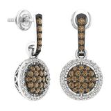 1.15 Carat (ctw) 14K White Gold Round Cut Champagne & White Diamond Ladies Cluster Style Dangling Drop Earrings