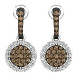 1.15 Carat (ctw) 14K White Gold Round Cut Champagne & White Diamond Ladies Cluster Style Dangling Drop Earrings