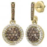 1.15 Carat (ctw) 14K Yellow Gold Round Cut Champagne & White Diamond Ladies Cluster Style Dangling Drop Earrings