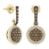 1.15 Carat (ctw) 14K Yellow Gold Round Cut Champagne & White Diamond Ladies Cluster Style Dangling Drop Earrings
