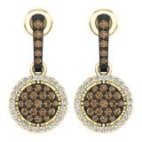 1.15 Carat (ctw) 14K Yellow Gold Round Cut Champagne & White Diamond Ladies Cluster Style Dangling Drop Earrings