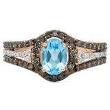1.45 Carat (ctw) 14K Rose Gold Oval Cut Blue Topaz & Round Cut Champagne & White Diamond Ladies Halo Style Bridal Engagement Ring 1 1/2 CT
