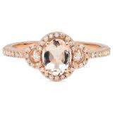 0.80 Carat (ctw) 18K Rose Gold Oval Cut Morganite & Round Cut White Diamond Ladies Bridal Halo Engagement Ring 3/4 CT
