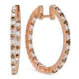 0.80 Carat (ctw) 10K Rose Gold Round Champagne & White Diamond Ladies Fine In And Out Hoop Earrings 3/4 CT