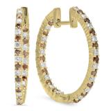 0.80 Carat (ctw) 14K Yellow Gold Round Champagne & White Diamond Ladies Fine In And Out Hoop Earrings 3/4 CT