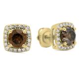 1.80 Carat (ctw) 14K Yellow Gold Round Champagne & White Diamond Ladies Halo Style Stud Earrings