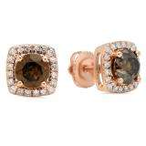 1.80 Carat (ctw) 18K Rose Gold Round Champagne & White Diamond Ladies Halo Style Stud Earrings