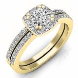 0.90 Carat (ctw) 10K Yellow Gold Cushion & Round Diamond Ladies Halo Style Bridal Engagement Ring Matching Band Set
