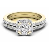 0.90 Carat (ctw) 10K Yellow Gold Cushion & Round Diamond Ladies Halo Style Bridal Engagement Ring Matching Band Set