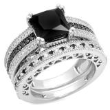4.75 Carat (ctw) Sterling Silver Princess & Round Cut Black & White Diamond Ladies Bridal Vintage Style Engagement Ring With Matching Band Set