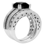 4.75 Carat (ctw) Sterling Silver Princess & Round Cut Black & White Diamond Ladies Bridal Vintage Style Engagement Ring With Matching Band Set