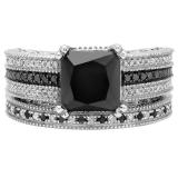 4.75 Carat (ctw) Sterling Silver Princess & Round Cut Black & White Diamond Ladies Bridal Vintage Style Engagement Ring With Matching Band Set