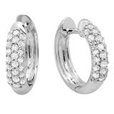 0.30 Carat (ctw) 10K White Gold Round White Diamond Ladies Pave Set Huggies Hoop Earrings 1/3 CT