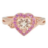 1.40 Carat (ctw) 10K Rose Gold Heart Cut Morganite & Round Cut Pink Sapphire & White Diamond Ladies Heart Shaped Bridal Promise Engagement Ring