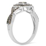 0.60 Carat (ctw) 14K White Gold Round Champagne & White Diamond Ladies Cluster Style Swirl Split Shank Bridal Engagement Ring