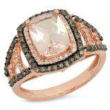 2.60 Carat (ctw) 14K Rose Gold Emerald Cut Morganite & Round Cut Champagne & White Diamond Ladies Halo Style Bridal Engagement Ring