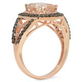 2.60 Carat (ctw) 14K Rose Gold Emerald Cut Morganite & Round Cut Champagne & White Diamond Ladies Halo Style Bridal Engagement Ring