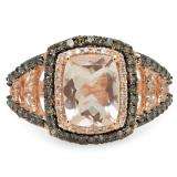 2.60 Carat (ctw) 14K Rose Gold Emerald Cut Morganite & Round Cut Champagne & White Diamond Ladies Halo Style Bridal Engagement Ring