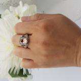 2.60 Carat (ctw) 14K Rose Gold Emerald Cut Morganite & Round Cut Champagne & White Diamond Ladies Halo Style Bridal Engagement Ring